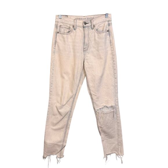 American Eagle Jeans Womens 2 Blue Light Wash Denim Straight Mid Rise Distressed - Picture 1 of 9